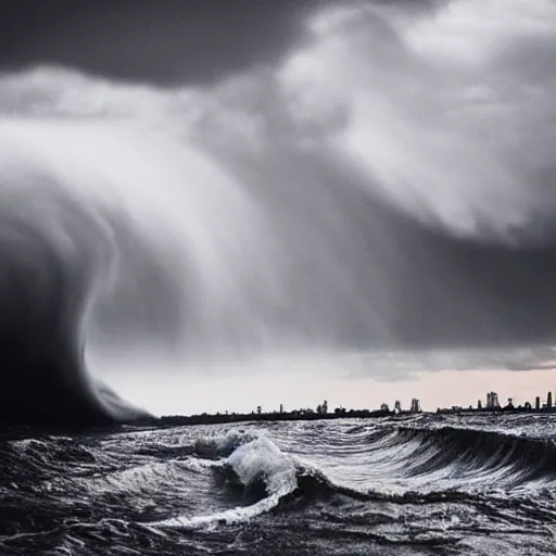 Image similar to a huge tsunami wave about to crash over manhattan, epic cinematic low angle shot from the street, looking up at the wave, end of the world vibes, dark and gloomy, details visible