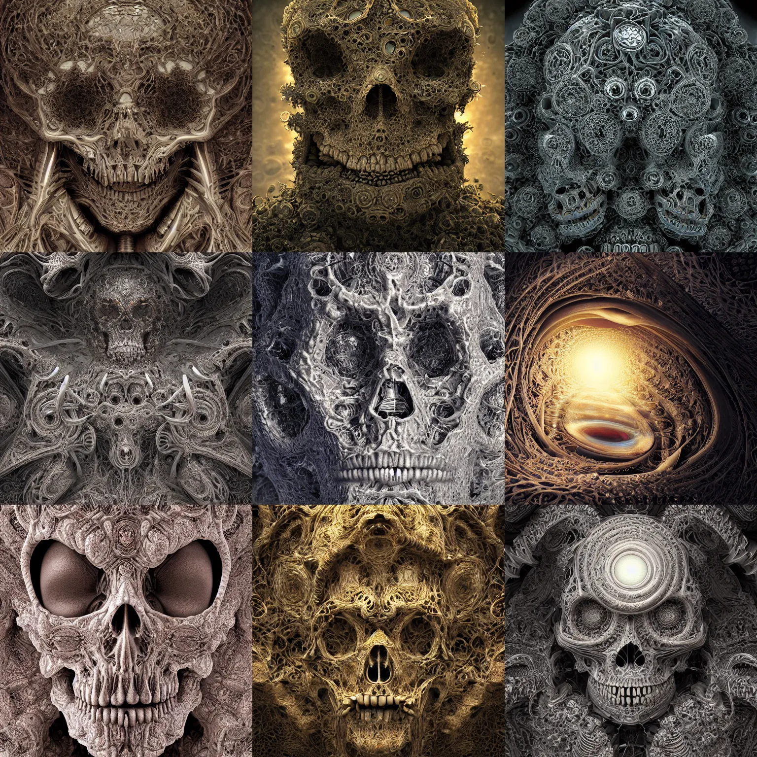 Prompt: human soul, millions of skulls and eyes , sculpture, mandelbrot fractal, intricate, elegant, highly detailed, ornate, elegant , luxury, beautifully lit, ray trace, octane render, dramatic light, low angle shot, lens distortion, chromatic aberration, close up, muted colors, in the style of peter Gric and Romero Ressendi