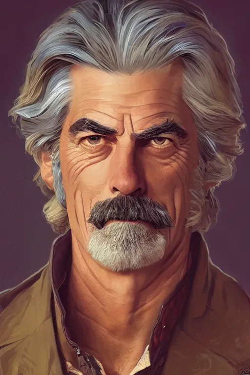 Image similar to portrait of sam elliott, western, gunslinger, duster, fantasy, intricate, elegant, highly detailed, digital painting, artstation, concept art, sharp focus, illustration, art by artgerm and greg rutkowski and alphonse mucha