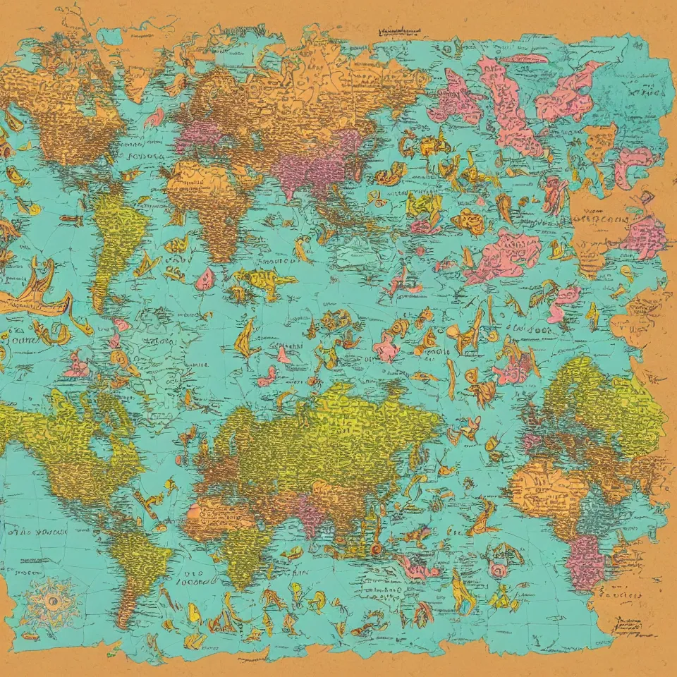 Image similar to imaginary map of different color realms, map of fantacy world, different realms, blueprint, infographic, vintage theme, on paper, with notes, highly detailed, hyper realistic