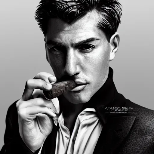 Prompt: dreamy portrait of a cool male personification of awesome with sharp eyes, smoking a cigar, upper body visible, ultra realistic, black and white highly detailed, hd, sharp focus, cinematic lighting, mood lighting, realistic, photorealistic, vivid colors, photograph, digital art, non blurry, sharp, artstation, smooth