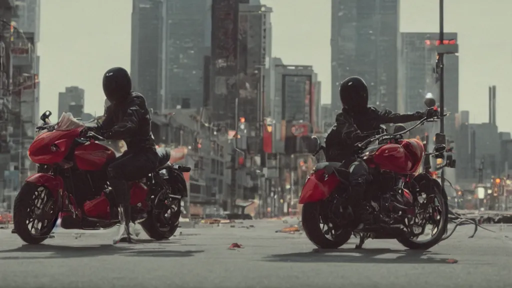 Prompt: still from a film adaptation of akira, colorgraded, motorcycle, 5 0 mm lense, vivid detail, cinematic