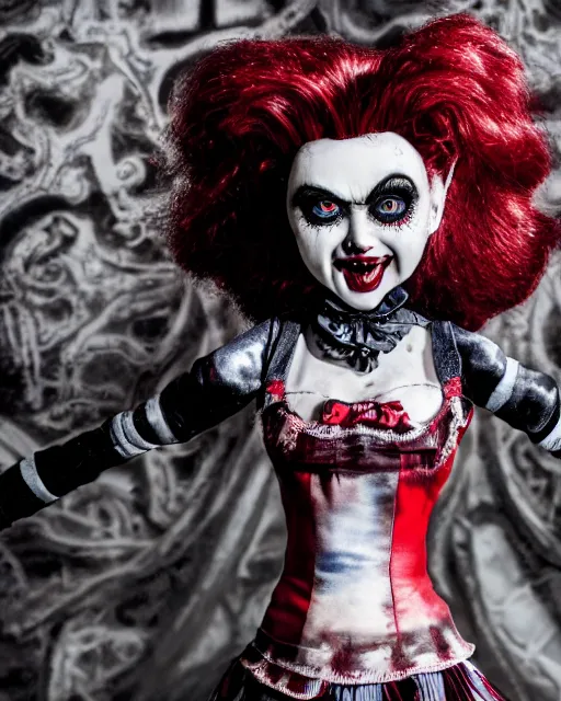 Image similar to film still portrait of a malignant creepy angry grinning confused scary antique filthy victorian porcelain evil clown barbie bride of chucky doll with red glowing eyes wearing a dirty dress, very long black hair, performing in a carnival circus sideshow, action pose, 8k octane render, dramatic lighting, volumetric lighting, high contrast, graffiti, the ring movie, Guillermo del Toro, Craig Mullins, Arney Fretag, Annie Leibovitz, vintage photo from 1890