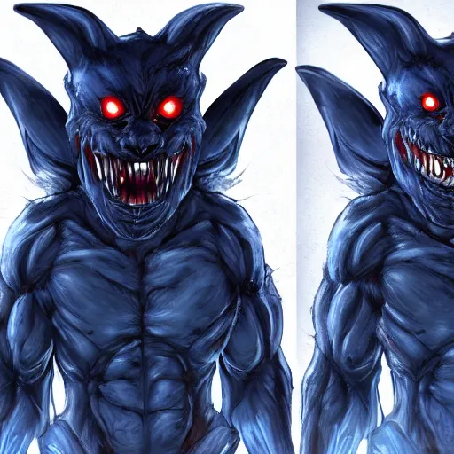 Image similar to front and back character view of scary, giant, mutant, mutated, dark blue humanoid bat, glowing red eyes, flying above a stormy ocean, sharp teeth, acid leaking from mouth, realistic, giant, bat ears, bat nose, bat claws, bat wings, furred, covered in soft fur, detailed, trending on artstation clean concept art and sheet that using unreal engine 5 render and hyper detailed 3D texture with cinematic software light 85mm f/1.4