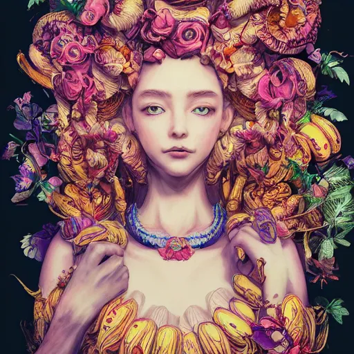 Prompt: the portrait of an absurdly beautiful, graceful, elegant, and wise young woman made of bananas and petals, an ultrafine detailed illustration by kim jung gi, irakli nadar, intricate linework, bright colors, octopath traveler, final fantasy, angular, unreal engine 5 highly rendered, global illumination, radiant light, detailed and intricate environment