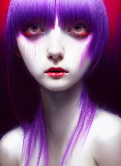 Image similar to hair whitebangs hair, black hair, whitebangs, portrait of teenage girl with white bangs, red irises, purple clothes, white bangs, bangs are different color from hair, intricate, elegant, glowing lights, highly detailed, digital painting, artstation, concept art, smooth, sharp focus, illustration, art by wlop, mars ravelo and greg rutkowski