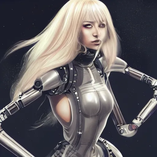Image similar to a beautiful woman wearing a futuristic exoskeleton, blonde, long hair, pixiv, hyperrealistic