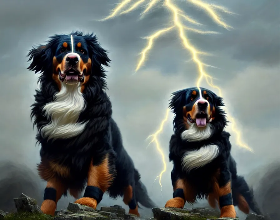 Image similar to an epic painting of a male anthropomorphic bernese mountain dog as zeus, shooting lightning bolts from his paws, by greg rutkowski, intricate details, artstation, furry, cinematic, hd, beautiful