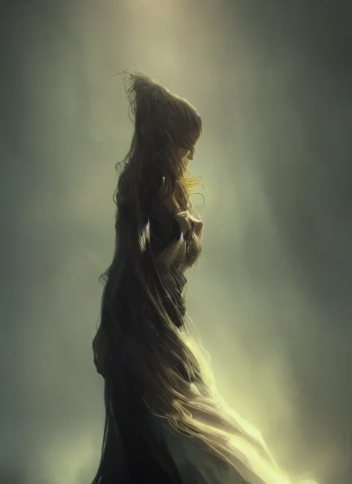 Prompt: a photorealistic dramatic fantasy render of a beautiful woman wearing a dark flowing gown and long flowing hair, artgerm, greg rutkowski, alphonse mucha, beautiful dynamic dramatic dark moody lighting, shadows, cinematic atmosphere, artstation, concept design art, octane render, 8 k