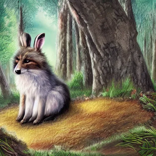 Prompt: cute fluffy hybrid animal cross between fox, raccoon, and lop eared bunny rabbit sitting in a forest landscape detailed painting 4 k