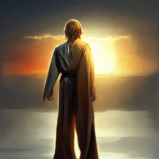 Image similar to a young blonde male jedi with short hair standing still looking at the sunset concept art by Doug Chiang cinematic, realistic painting, high definition, concept art