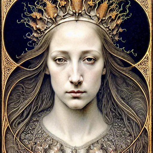 Image similar to detailed realistic beautiful young medieval queen face portrait by jean delville, gustave dore, iris van herpen and marco mazzoni, art forms of nature by ernst haeckel, art nouveau, symbolist, visionary, gothic, neo - gothic, pre - raphaelite, fractal lace, intricate alien botanicals, ai biodiversity, surreality, hyperdetailed ultrasharp octane render