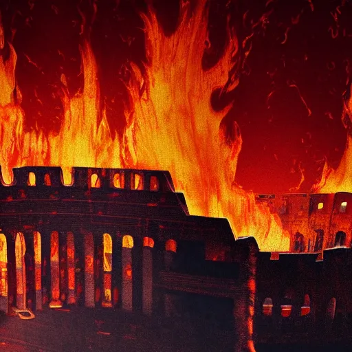 Prompt: Painting of the great fire of rome,abstract. realism, 8k, detailed, terror, octane render