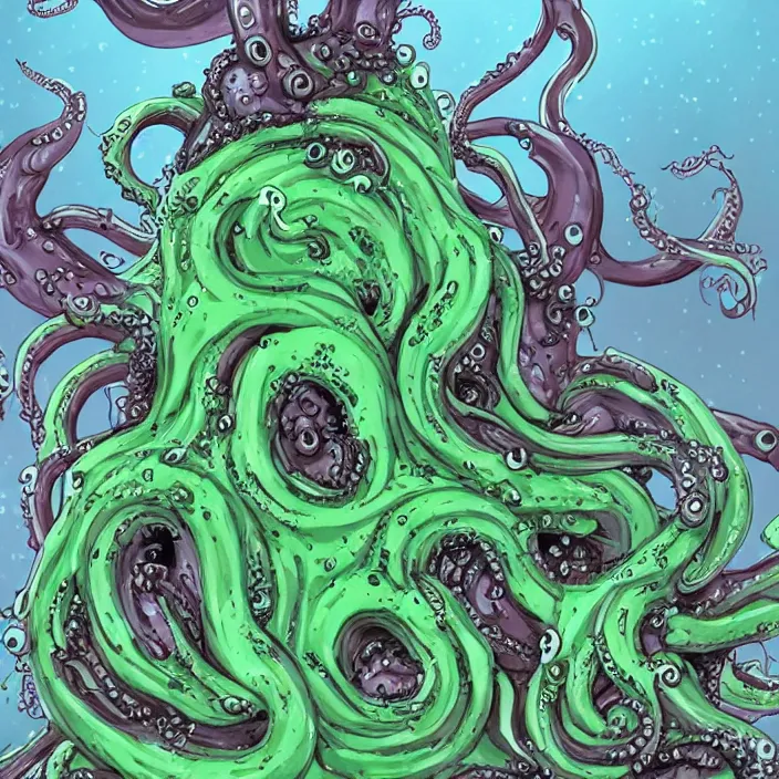 Prompt: an eldritch abomination covered in masses of gooey eyes, tentacles, and slime