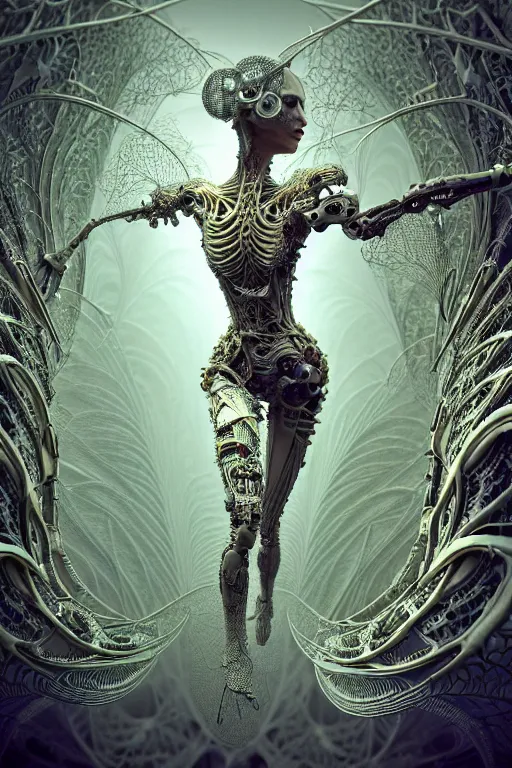 Image similar to intricate hyper detailed ultra sharp 3 d render, unity of mood, biomechanical cyborg ladies dancing, atmospheric, foliage, fractal, flowing, white large pore fungi, cyberpunk art nouveau, haute couture alexander mcqueen leaves stems dahlia blooming transparent fractal filigree roots, intricate details, octane render, volumetric cinematic lighting, natural beautiful light, yellow infrared, lumiol, 8 k,