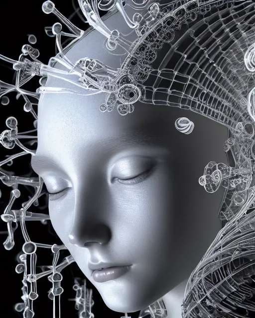 Image similar to mythical dreamy black and white organic translucent bio-mechanical spinal ribbed profile face portrait detail of mechanical beautiful female angelic-snowy-human-cyborg, highly detailed, intricate crystal jelly steampunk ornate, poetic, 3D render, digital art, octane render, 8K artistic photography, photo-realistic, by Dora Maar