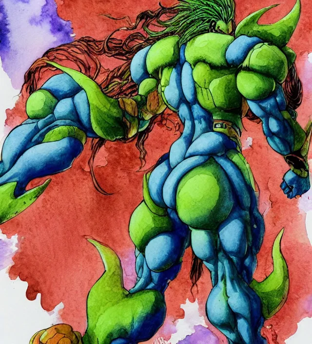 Image similar to a 3 / 4 view watercolor ink painting of broly as a demon in the style of jean giraud in the style of moebius trending on artstation deviantart pinterest detailed realistic hd 8 k high resolution