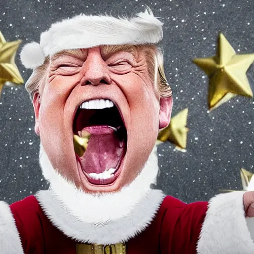 Image similar to trump as a drunk and disheveled mall santa claus screaming incoherent political lies at children, paparazzi photo, highly detailed, high definition, ultra realistic