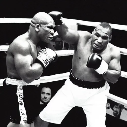 Prompt: danny devito fighting mike tyson in a boxing ring in the 1 9 8 0 s