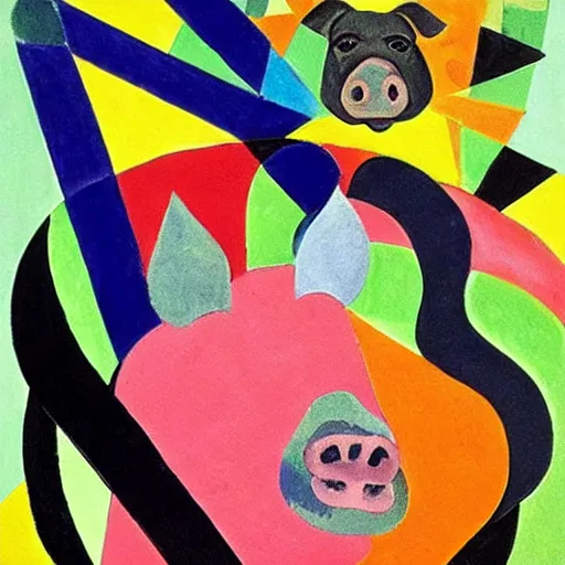 Prompt: 3 pigs wearing crowns by Sonia Delaunay