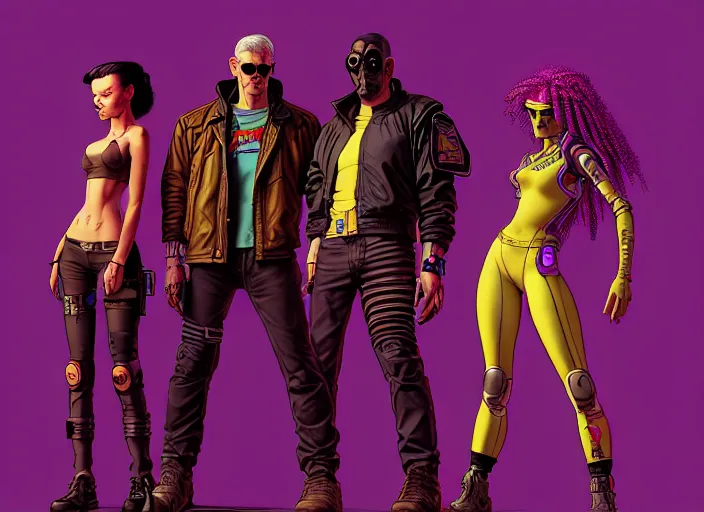 Image similar to cyberpunk street gang. portrait by stonehouse and mœbius and will eisner and gil elvgren and pixar. character design. realistic proportions. cyberpunk 2 0 7 7 character art, blade runner 2 0 4 9 concept art. cel shading. attractive face. thick lines. the team. diverse characters. artstationhq.