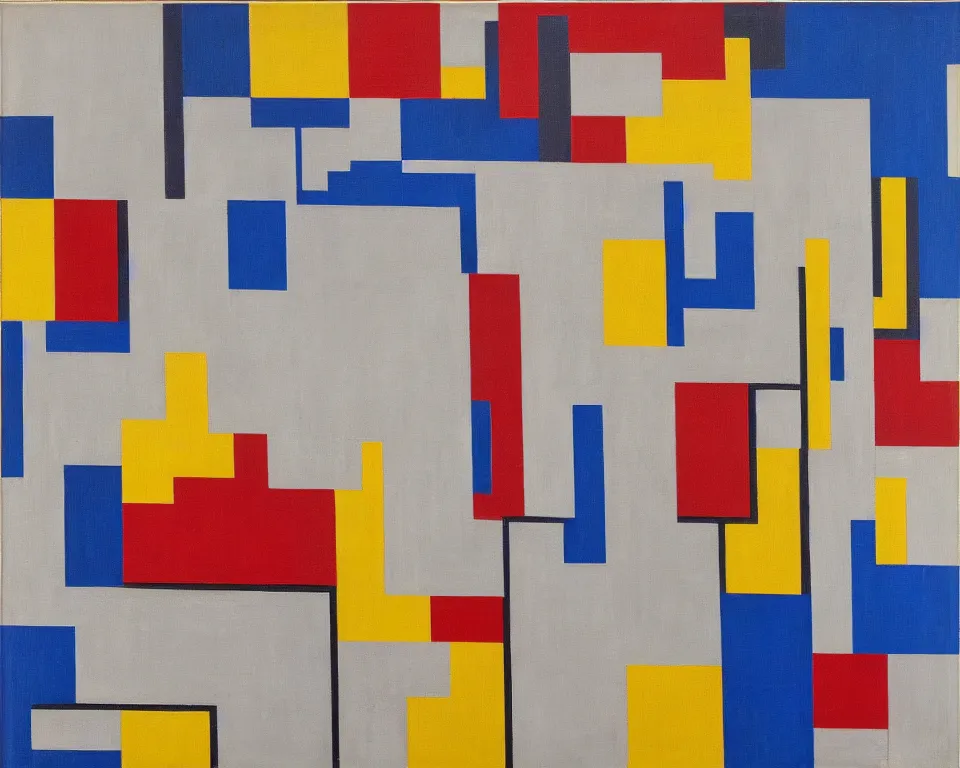 Prompt: modernist, abstract oil painting of Washington, DC by Piet Mondrian and Ed Ruscha.