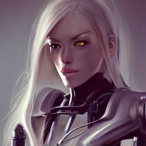 Prompt: a beautiful woman wearing a futuristic exoskeleton, blonde, long hair, pixiv, hyperrealistic