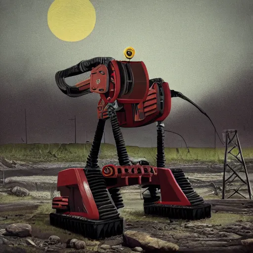 Image similar to giant scary quadrupedal mining robot with drill, four legs, highly detailed body, retro, industrial, dark, dystopian, apocalyptic, clean, in the style of simon stalenhag, 8 5 mm f / 1. 4