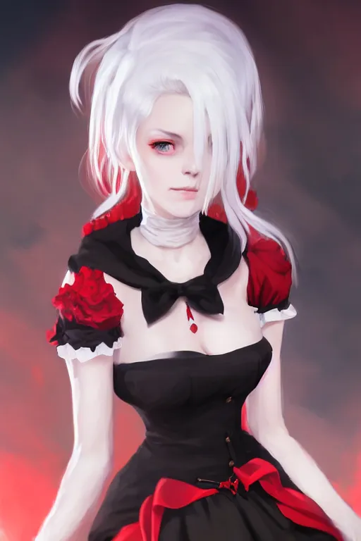 Image similar to card art of a girl with white hair wearing a black and red maid dress, black and red maid dress, Cushart Krenz, very detailed, realistic face, detailed face, matte, tonemapping, bbwchan, perfection, 4K, Cushart Krenz