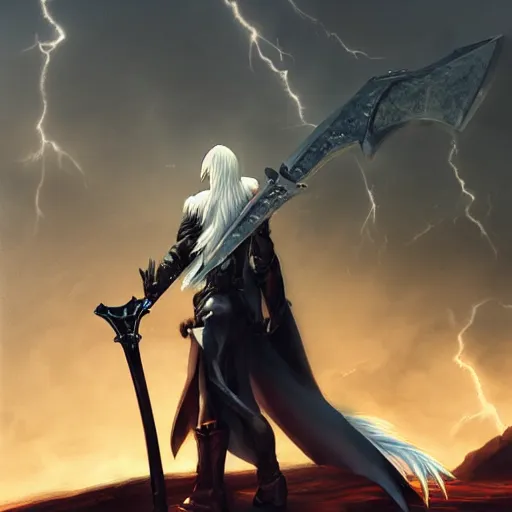 Prompt: sephiroth with lightning sword realistic, ultra detailed, menacing, powerful, dark, golden hour, forest, mountains in the background concept art Ross Tran