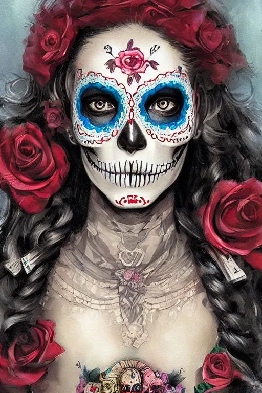 Prompt: Illustration of a sugar skull day of the dead girl, art by Eddie Mendoza