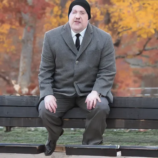 Image similar to Kevin Malone wearing a black ushanka hat and black wool overcoat sitting on a park bench during the winter