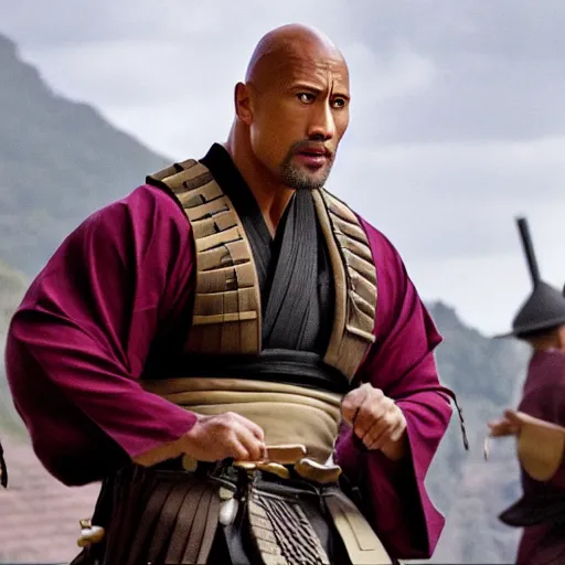 Image similar to Dwayne Johnson as Edo samurai , wearing kimono