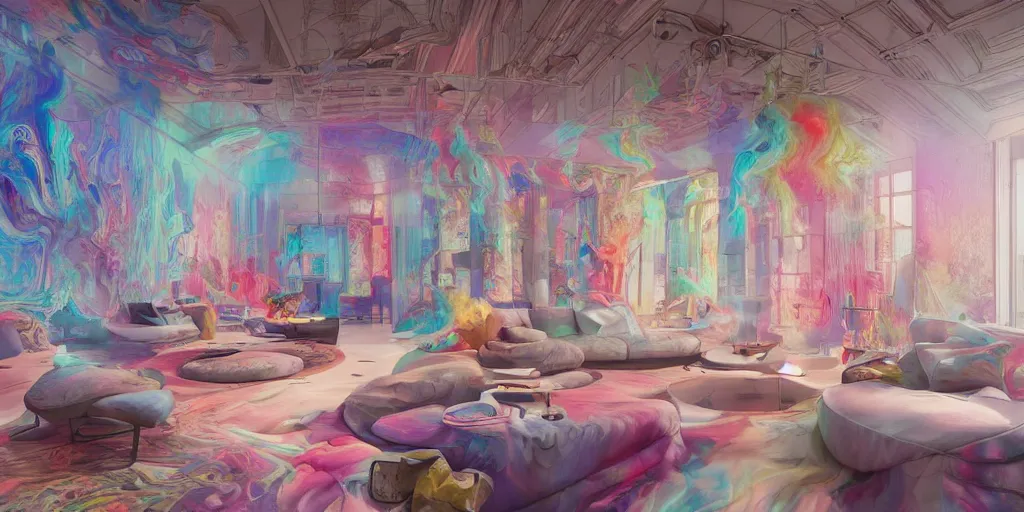 Prompt: a modern indoor room full of insane detailed colorfull smoke, clean architecture, pictures in the wall, pastel colored, intricate detailed 3 d render, hyper realistic intricate acrilic fluid art, elegant, intense colors, wide shot, octane render, concept art, daylight, peaceful, 8 k