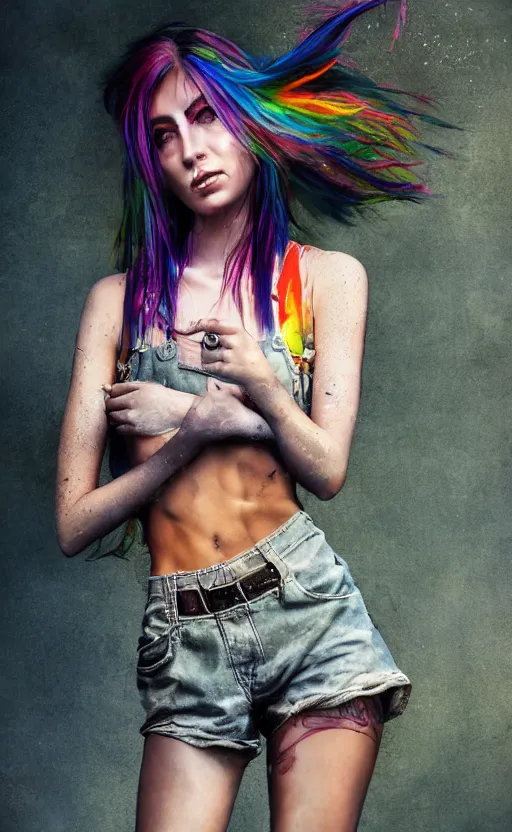 Prompt: grungy woman, rainbow mohawk, soft eyes and narrow chin, dainty figure, long hair straight down, torn overalls, skimpy shorts, combat boots, fish net leggings, basic white background, side boob, in the rain, wet shirt, symmetrical, single person, style of by Jordan Grimmer and greg rutkowski, crisp lines and color,