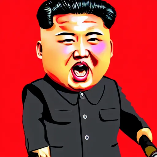 Image similar to screaming kim jong un holding a staff, wearing crown, cartoon character, digital art, fun,