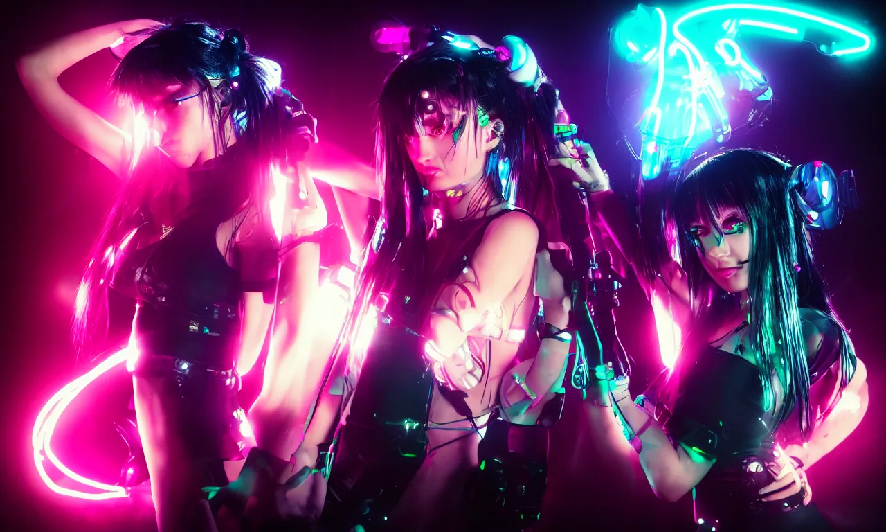 Image similar to neon cyberpunk sailor moon with arm tattoos, 1 / 4 headshot, cinematic lighting, dystopian scifi gear, gloomy, profile picture,