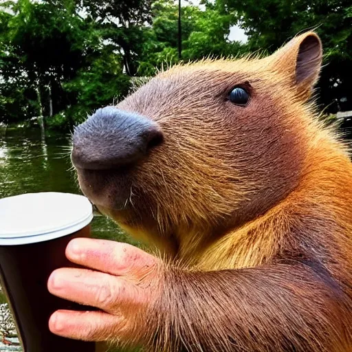 Image similar to capybara policeman drinking coffe