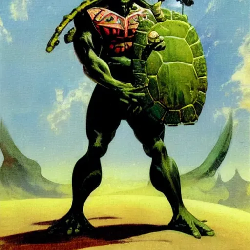 Prompt: anthropomorphic turtle hero by frank frazetta