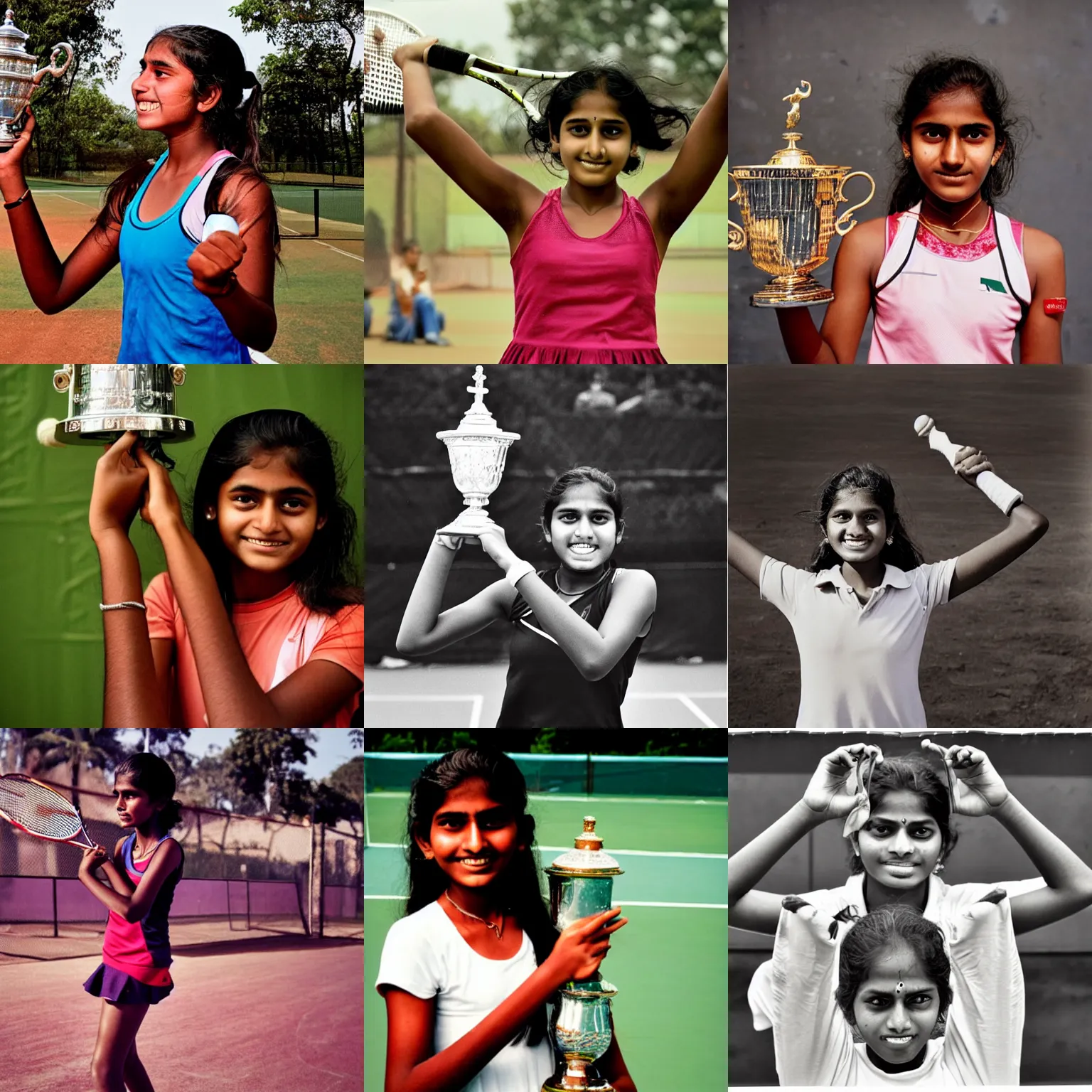 Prompt: A teenage Indian girl tennis player holds up a trophy and celebrates, candid portrait photography by Annie Leibovitz