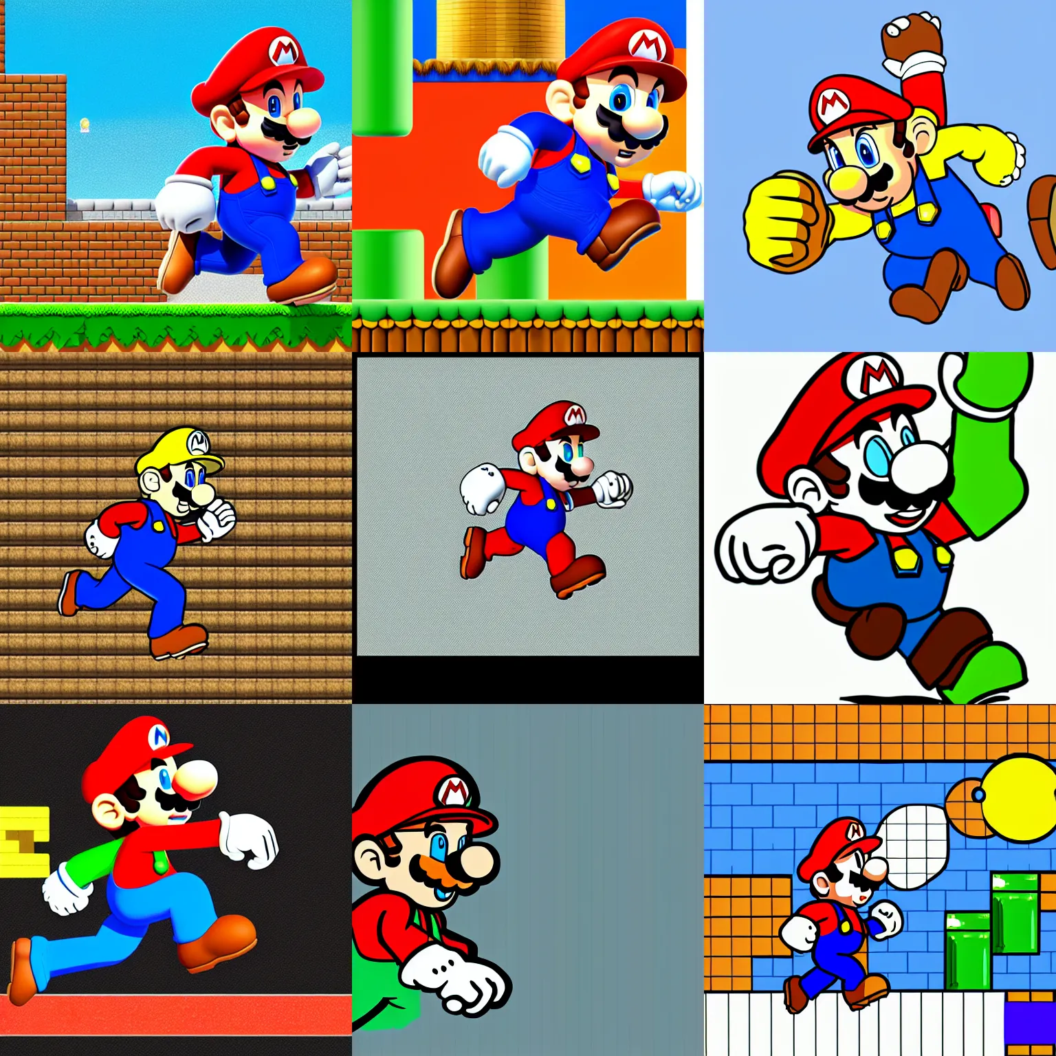 Prompt: simple digital art of super mario running, neutral expression, limited color palette, vibrant colors