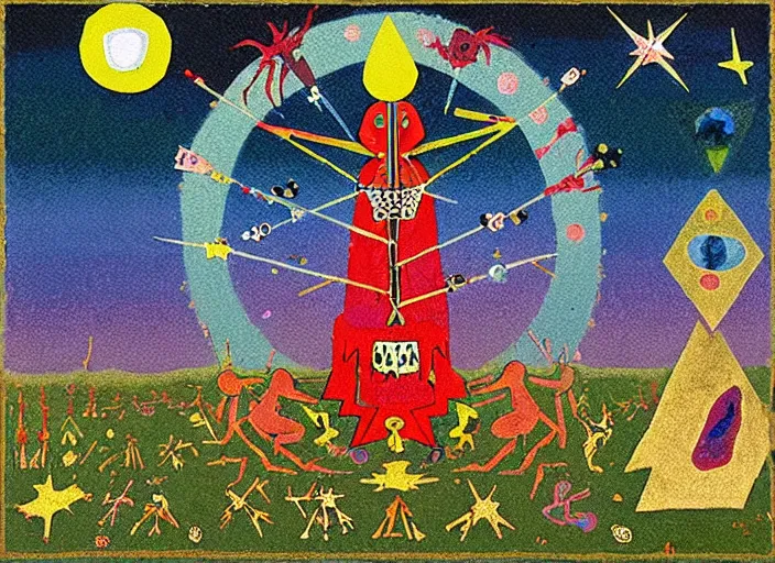 Image similar to pixel decollage painting tarot lovers card composition tower of babel road red armor wonky alien frog and maggot vampire clown knight on a skeleton pale horse in a dark green cloudy night sky with golden foil jewish stars and diamonds, mountain lake and blossoming field in background, painted by Mark Rothko, Helen Frankenthaler, Danny Fox and Hilma af Klint, pixelated, neo expressionism, semi naive, pastel colors, cinematic, color field painting, cave painting, voxel, pop art look, outsider art, minimalistic. Bill Traylor painting, part by Philip Guston, Amano and Francis Bacon. art by Adrian Ghenie and Storm Thorgerson, very coherent symmetrical artwork, cinematic, hyper realism, high detail, octane render, unreal engine, Smooth gradients, depth of field, full body character drawing, extremely detailed, 8k, extreme detail, intricate detail, masterpiece