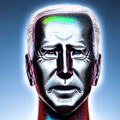 Image similar to portrait of basalt robot face, joe biden, iridescent colors, faceted reflections, angry looking at camera, lasers shooting out of eyes, outdoor, black sky, 8 k, realistic, depth of field, highly detailed, award winning photography.