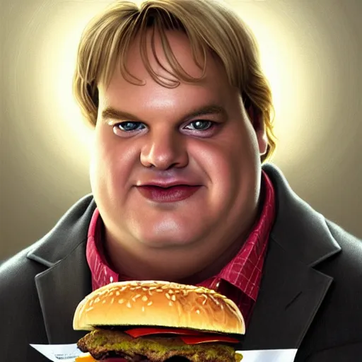 Image similar to portrait of chris farley eating hamburgers, extra onions and ketchup, luscious patty with sesame seeds, ethereal, handsome, d & d, fantasy, intricate, elegant, highly detailed, digital painting, artstation, concept art, matte, sharp focus, illustration, art by artgerm and greg rutkowski and alphonse mucha