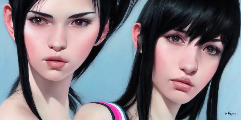 Prompt: a beautiful girl with pink and blue stripes in black hair, realistic female portrait, highly detailed, by ilya kuvshinov, makoto shinkai, photorealistic