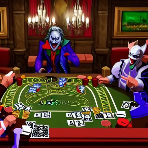 Prompt: A prince of thieves dealing cards at a poker table, wearing a joker's mask