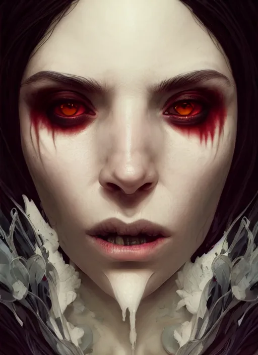 Image similar to highly detailed vfx portrait of a vampire witch, unreal engine, greg rutkowski, only, once, people, makoto shinkai and louis van baerle, ilya kuvshinov, rossdraws, tom bagshaw, alphonse mucha, dynamic lighting, detailed and complex environment