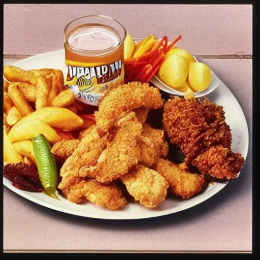 Image similar to 1980s Fast Food commercial photograph of a dish made with lemons, crispy chicken, fried pickles and jalepenos, Lemon sauce dripping over it