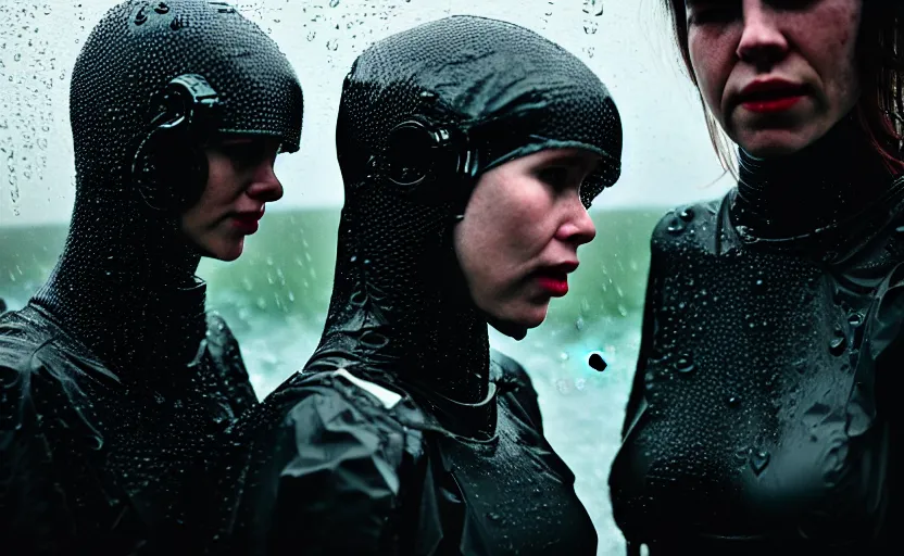 Image similar to cinestill 5 0 d candid photographic portrait by helen levitt of two loving female androids wearing rugged black mesh techwear in treacherous waters, extreme closeup, modern cyberpunk moody depressing cinematic, pouring rain, 8 k, hd, high resolution, 3 5 mm, f / 3 2, ultra realistic faces, ex machina