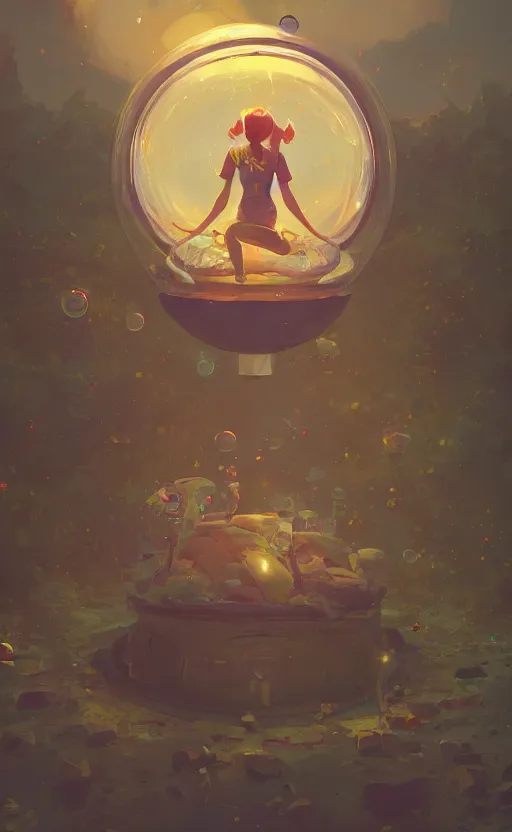 Image similar to a young and powerful goddess trapped in a dome, bubble, prisoner, panicking, lightning, energy bursts, highly detailed, digital painting, artstation, concept art, sharp focus, cinematic lighting, illustration, painted by Simon Stalenhag, cgsociety